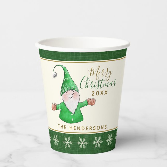 Cute Gnome Custom Name Green Christmas Paper Cups (Front)