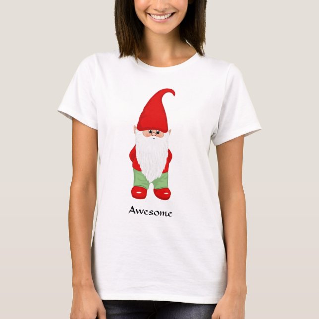 Cute Gnome Dressed in Green and Red T-Shirt (Front)