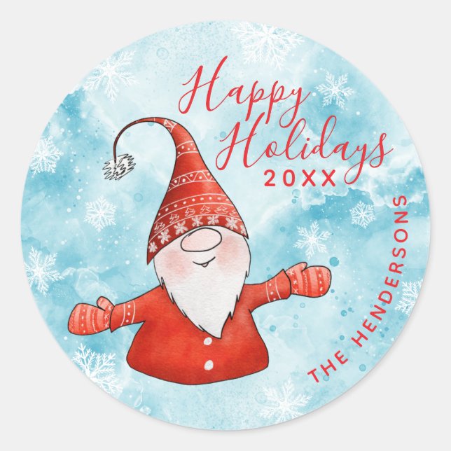 Cute Gnome Elegant Blue Red Happy Holidays Classic Round Sticker (Front)