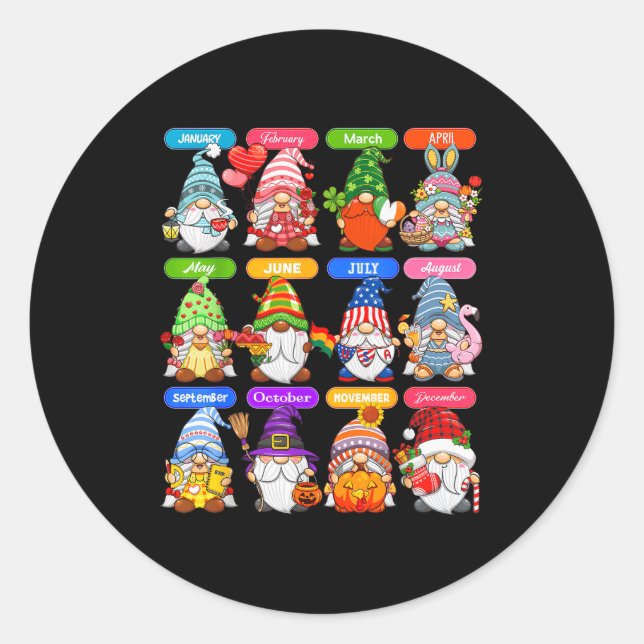 Cute Gnome Every Season Holiday Gnomes 12 Months O Classic Round Sticker (Front)