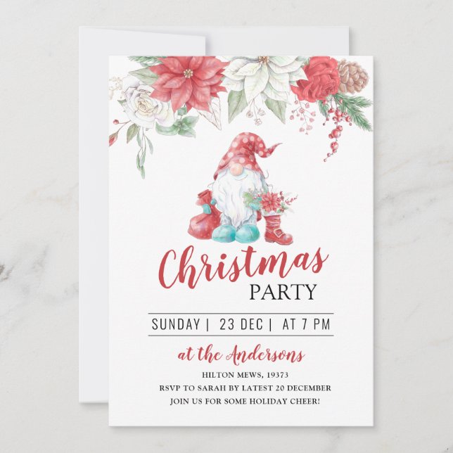 cute gnome floral wreath Christmas winter party In Invitation (Front)