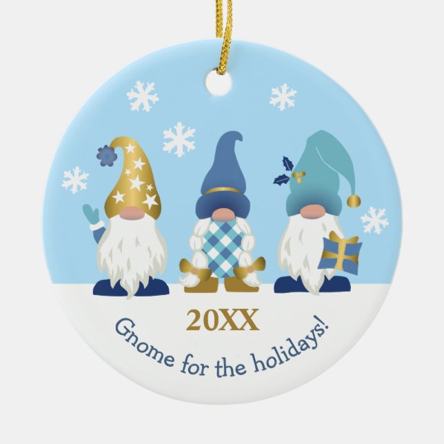 Cute Gnome for the Holidays Blue Gold Ceramic Ornament (Front)