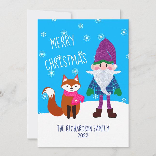 Cute Gnome Fox Snowflakes Blue Merry Christmas Holiday Card (Front)