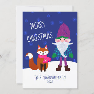 Cute Gnome Fox Snowflakes Personalized Holiday Card