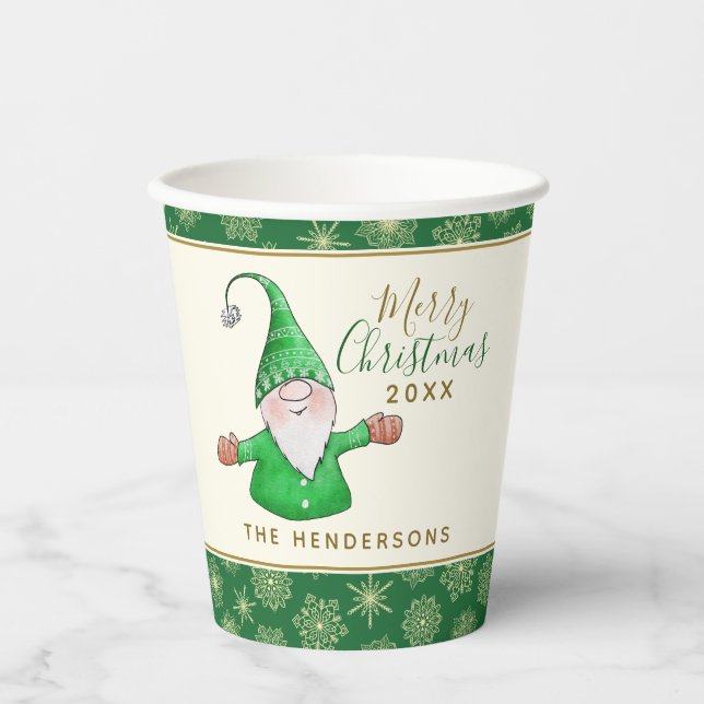 Cute Gnome Green Christmas Paper Cups (Front)