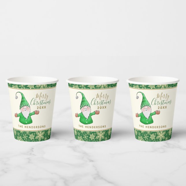 Cute Gnome Green Xmas Party Personalized Christmas Paper Cups (Multi)