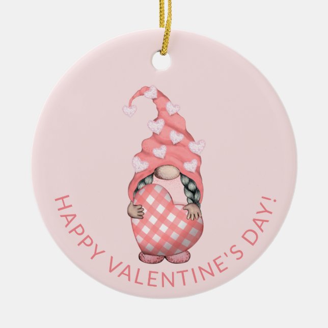 Cute Gnome Happy Valentines Day Ceramic Ornament (Front)