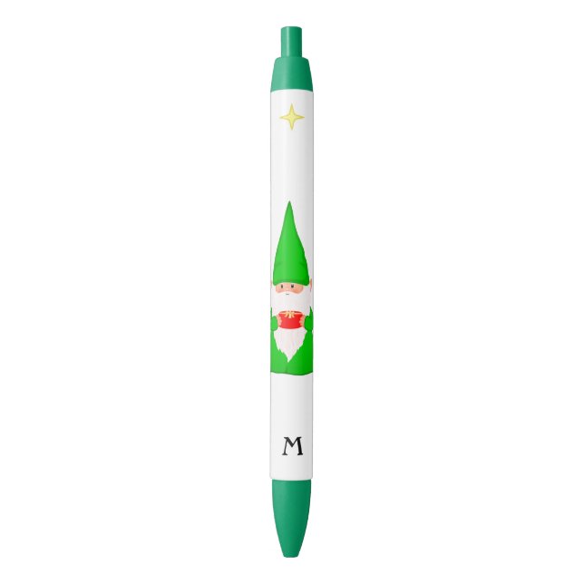 Cute Gnome Holding a Gift & Monogram Black Ink Pen (Front Vertical)