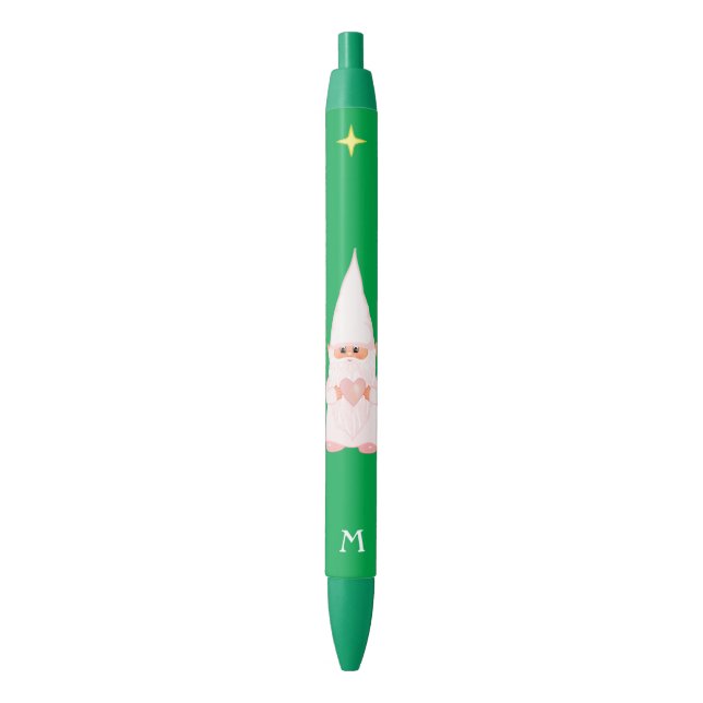 Cute Gnome Holding a Heart & Monogram on Green Black Ink Pen (Front Vertical)