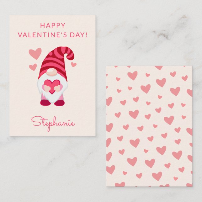 Cute Gnome Holding Heart Classroom Valentine's Day Card (Front/Back)