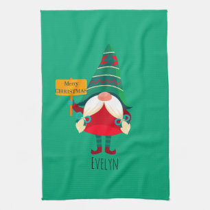 Cute Gnome Holding Placard with Greetings Kitchen Towel
