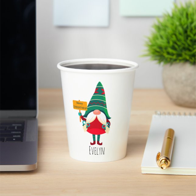 Cute Gnome Holding Placard with Greetings Paper Cups (Insitu)