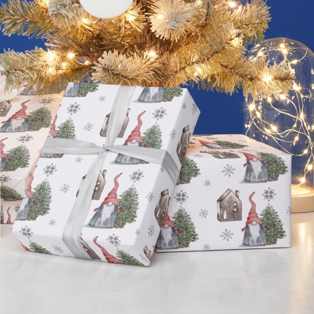 Cute Gnome House Tree Stars Pattern Christmas Wrapping Paper (Holidays)