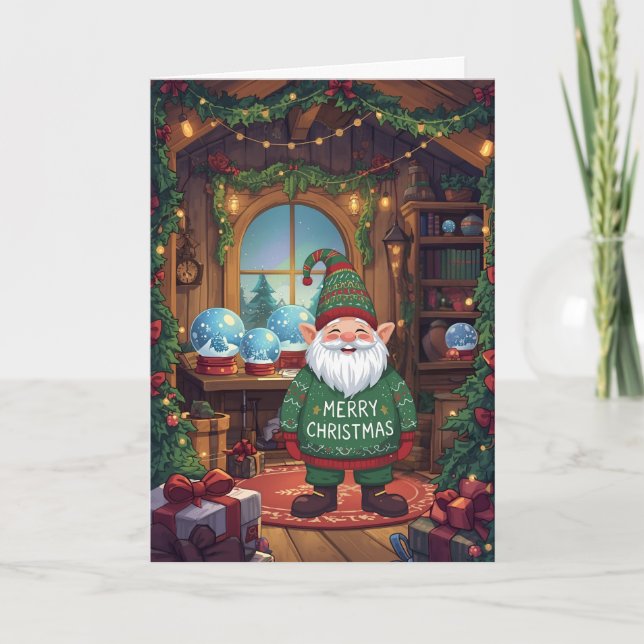 Cute Gnome In a Snow-Globe Workshop Holiday Card (Front)