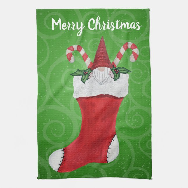 Cute Gnome in Christmas Stocking on Swirls Kitchen Towel (Vertical)