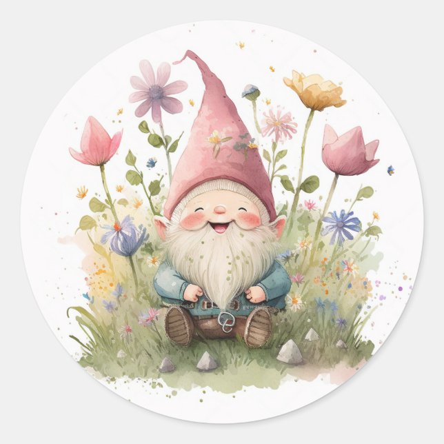 Cute Gnome In Garden Classic Round Sticker (Front)