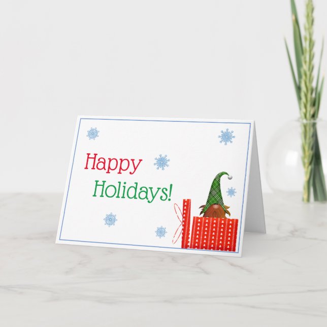 Cute Gnome in Present Holiday Card (Front)