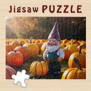 Cute Gnome in Pumpkin Field Autumn Vibe - Jigsaw Puzzle