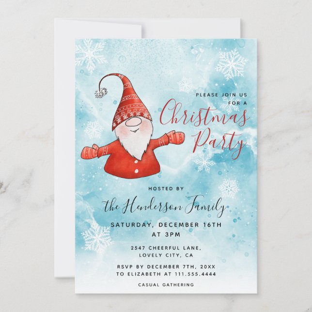 Cute Gnome in Red Blue Christmas Party Invitation (Front)
