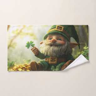 Cute gnome leprechaun with shamrocks and clovers hand towel