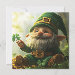 Cute gnome leprechaun with shamrocks and clovers holiday card