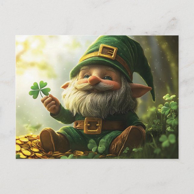 Cute gnome leprechaun with shamrocks and clovers postcard (Front)