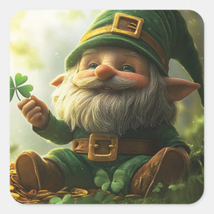 Cute gnome leprechaun with shamrocks and clovers square sticker