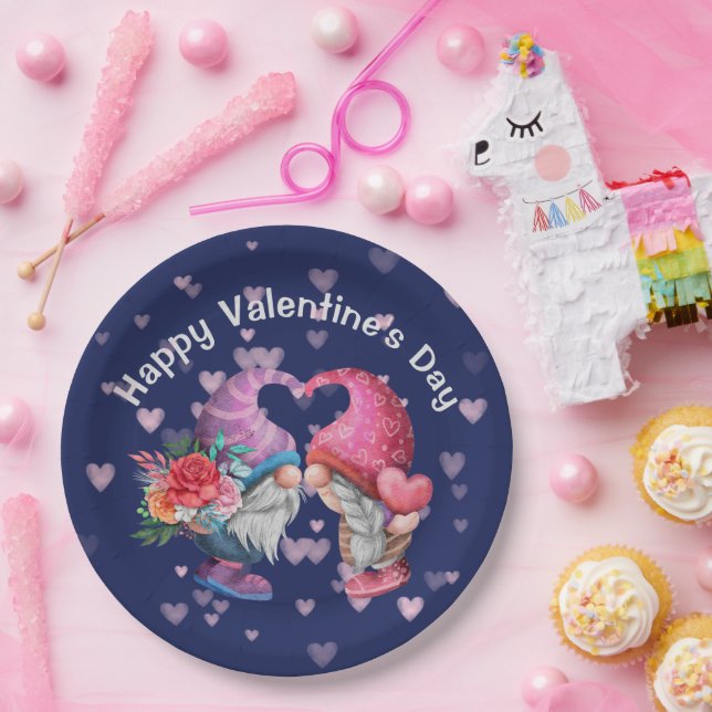 Cute Gnome Love and Hearts Valentine's Day Paper Plate (Party)