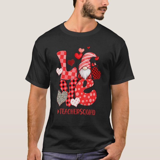 Cute Gnome Love Heart Leopard Plaid Teacher Squad  T-Shirt