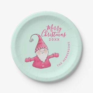 Cute Gnome Mint Green Pink Custom Merry Christmas Paper Plate