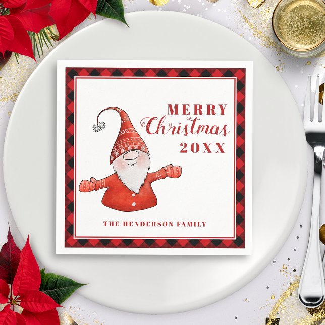Cute Gnome Modern Personalized Merry Christmas Napkin (Creator Uploaded)