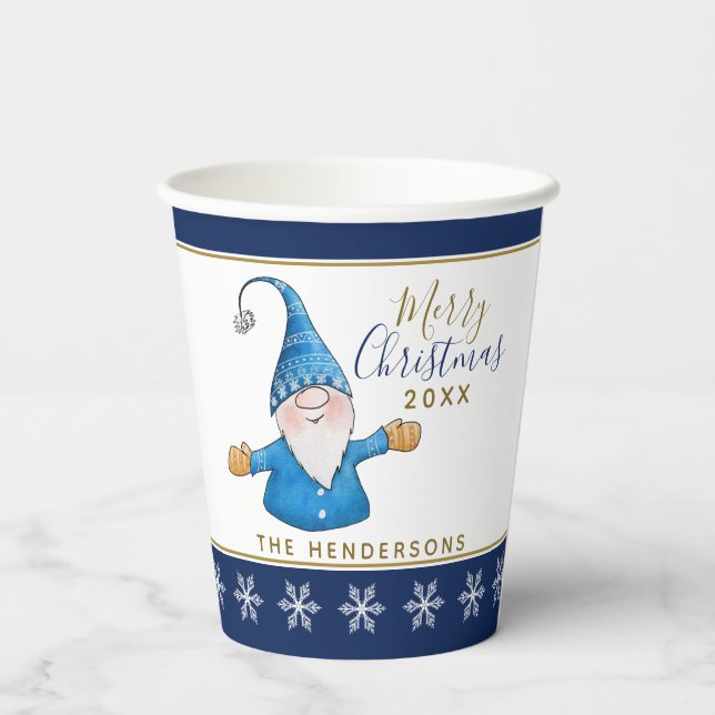 Cute Gnome Navy Blue White Christmas Party Paper Cups (Back)