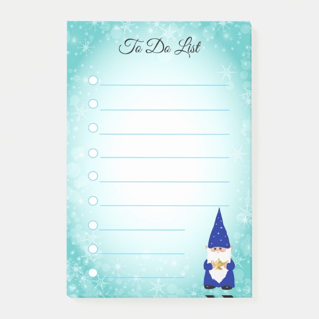 Cute gnome on turquoise & white lined post-it notes (Front)