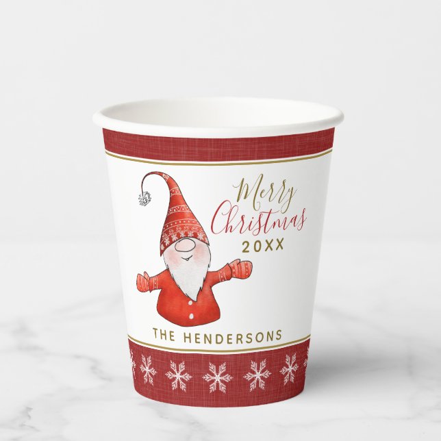 Cute Gnome Personalized Red White Christmas Party Paper Cups (Front)