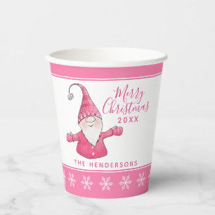 Cute Gnome Personalized White Pink Christmas Party Paper Cups