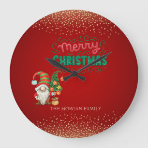 Cute Gnome Pine Tree Confetti Red Merry Christmas Large Clock