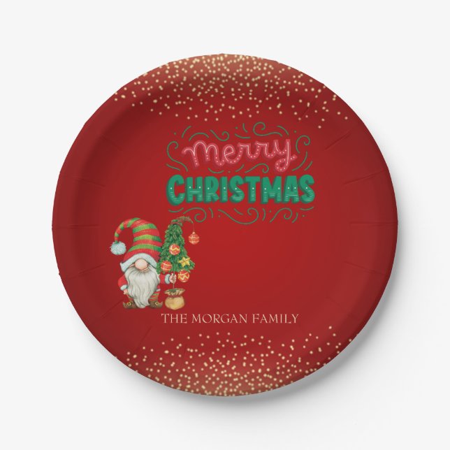 Cute Gnome Pine Tree Confetti Red Merry Christmas  Paper Plate (Front)