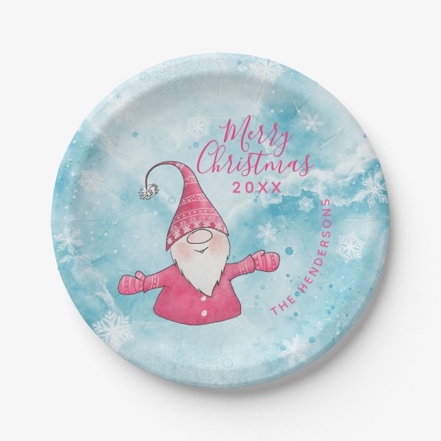 Cute Gnome Pink and Blue Custom Merry Christmas Paper Plate (Front)