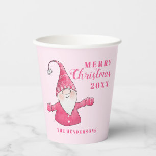 Cute Gnome Pink Personalized Merry Christmas Paper Cups