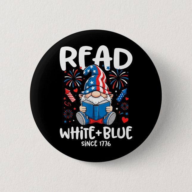 Cute Gnome Read White Blue Independence Day 2 Inch Round Button (Front)
