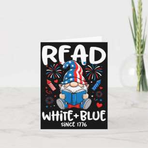 Cute Gnome Read White Blue Independence Day Card