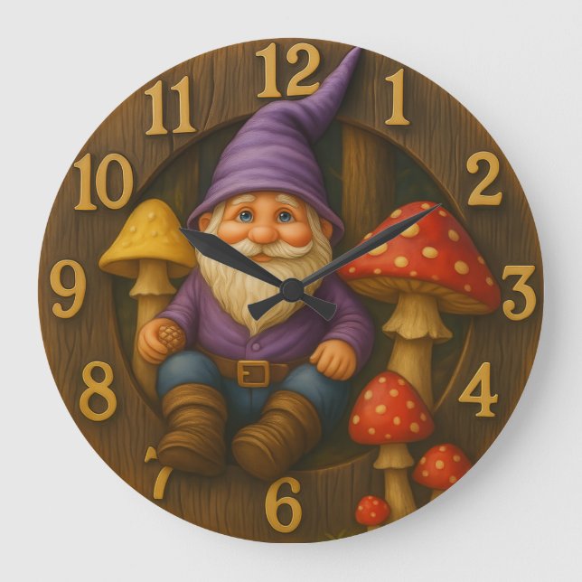 Cute gnome rustic style mushroom forest clock (Front)