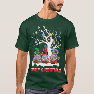 Cute Gnome Santa Hat Buffalo Plaid Christmas Tree T-Shirt