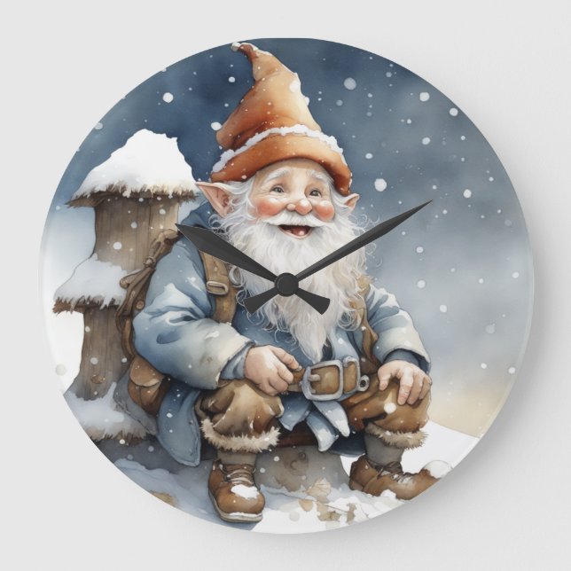 Cute Gnome Sitting by a Tree in the Snow Large Clock (Front)