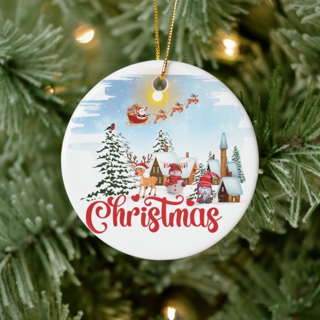 Cute Gnome, Snowman Celebrating Christmas Holiday Ceramic Ornament (Tree)