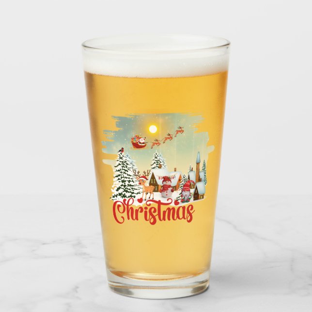 Cute Gnome, Snowman Celebrating Christmas Holiday Glass (Front Filled)