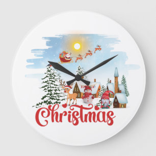 Cute Gnome, Snowman Celebrating Christmas Holiday Large Clock