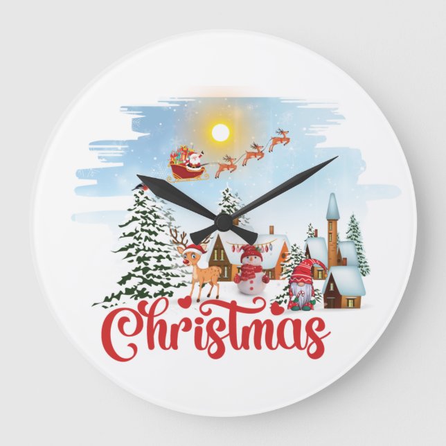 Cute Gnome, Snowman Celebrating Christmas Holiday Large Clock (Front)
