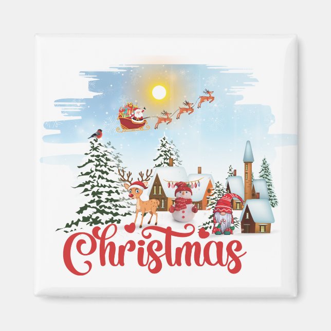 Cute Gnome, Snowman Celebrating Christmas Holiday Magnet (Front)