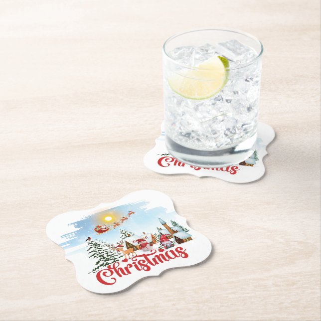 Cute Gnome, Snowman Celebrating Christmas Holiday Paper Coaster (Insitu)